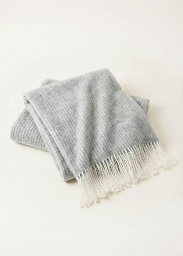 Koc ANDORA STRIPE wełniano-kaszmirowy z frędzlami - jasny szary - 140 x 200